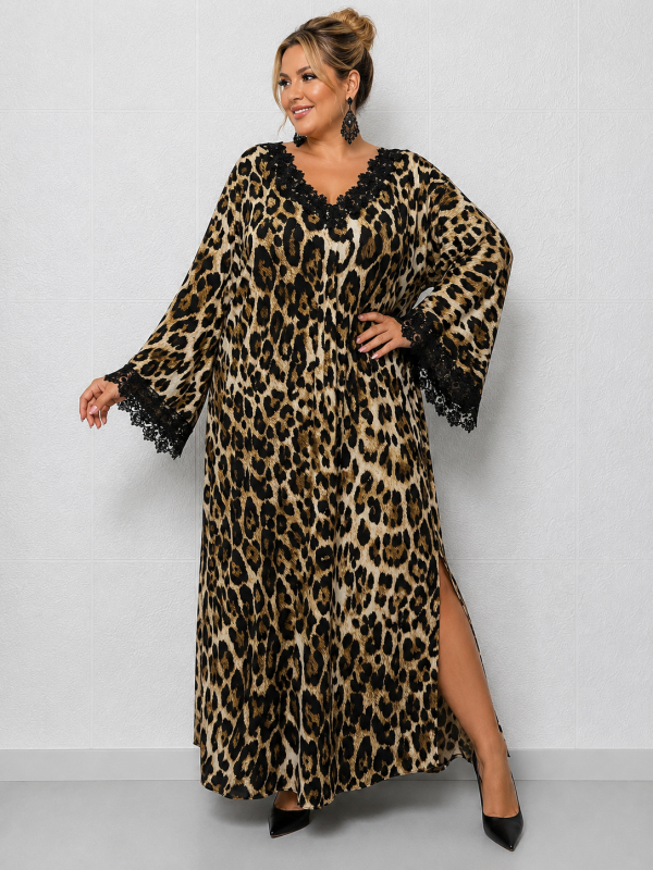 Maxi Animal Print Φόρεμα με Δαντέλα