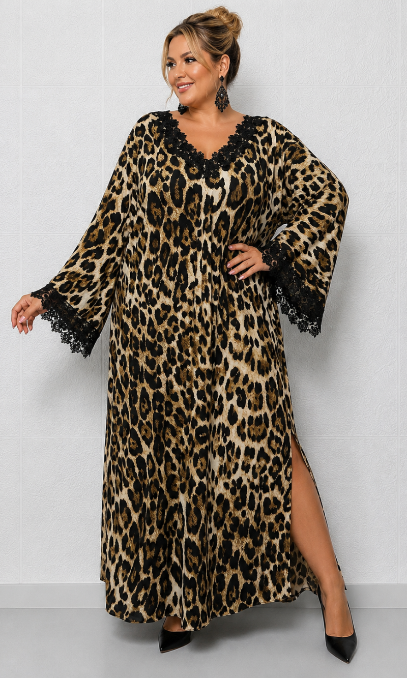 Maxi Animal Print Φόρεμα με Δαντέλα