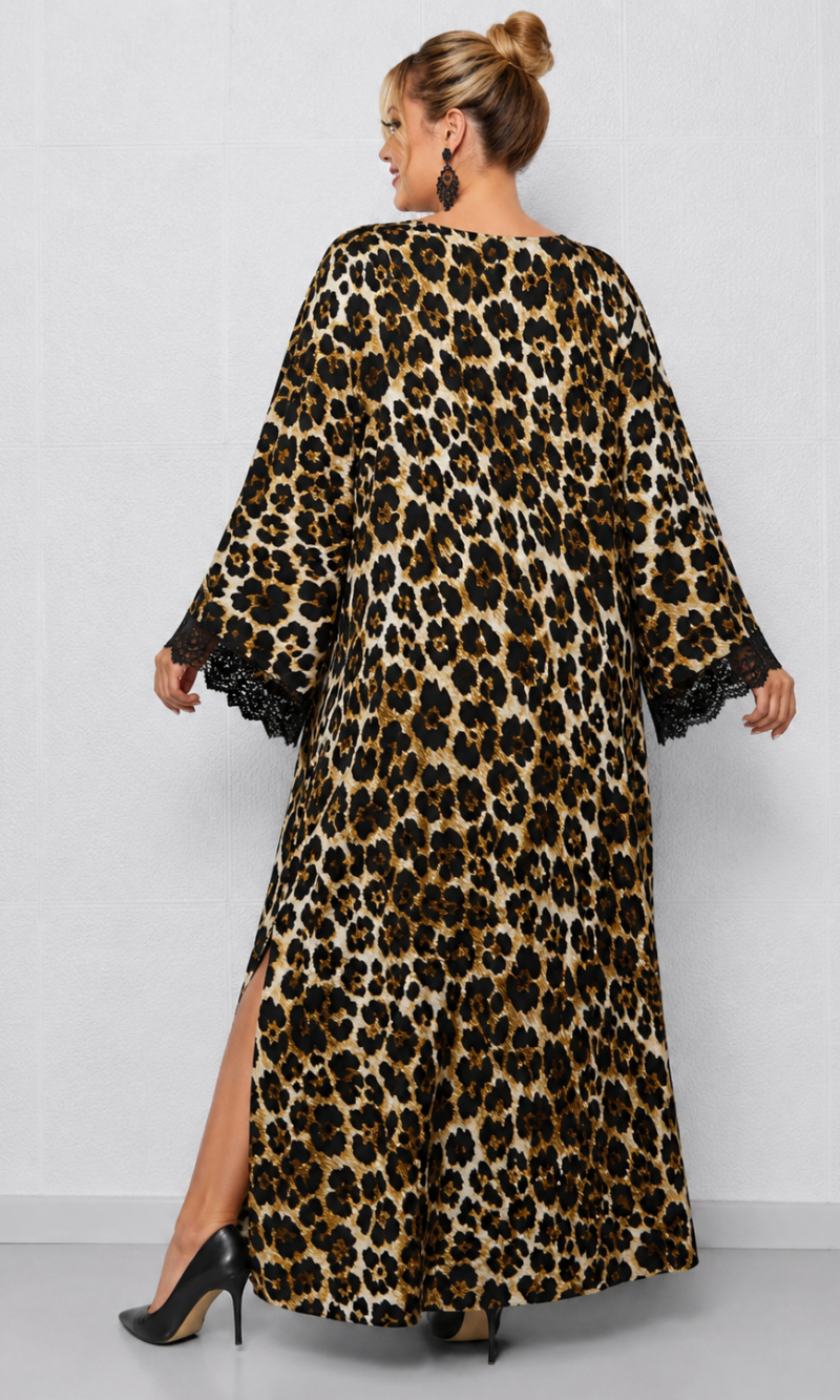 Maxi Animal Print Φόρεμα με Δαντέλα